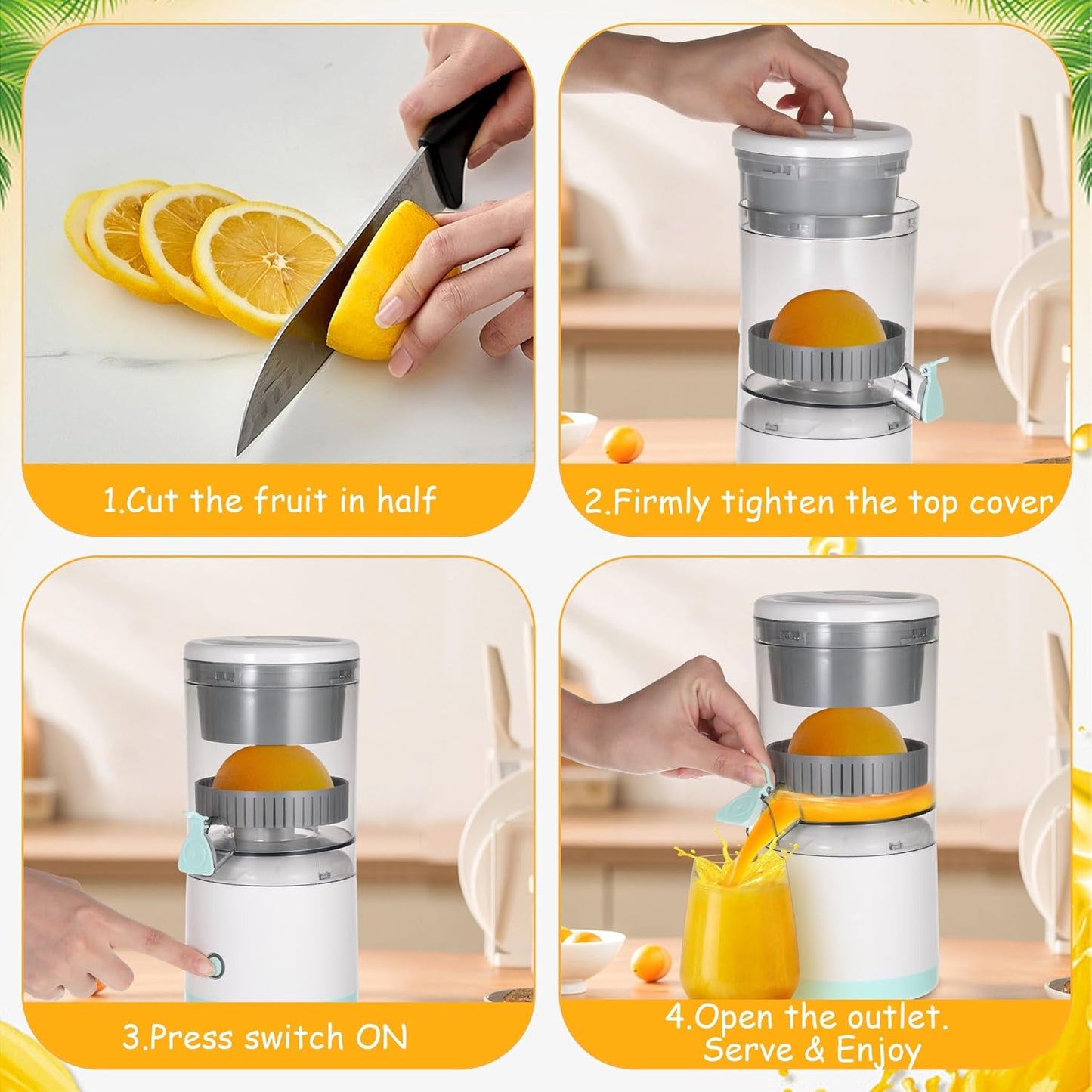 Electric Citrus Juicer โ Wireless Mini Portable Rechargeable Fruit Squeezer | Compact Electric Juicer for Orange, Lemon & Lime Juice | Portable for Travel & Home Use (Multicolour)