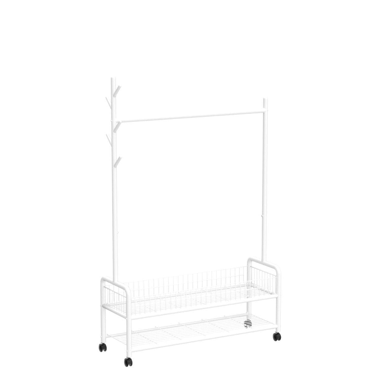 Lukzer MGR-002 2-Bottom Cloth Stand & Garment Rack – Metal Clothes Organizer with Wheels | Space-Saving Storage for Bedroom, Bathroom & Office | Single Rod & Mesh Design (173 x 90 x 34 cm, White)