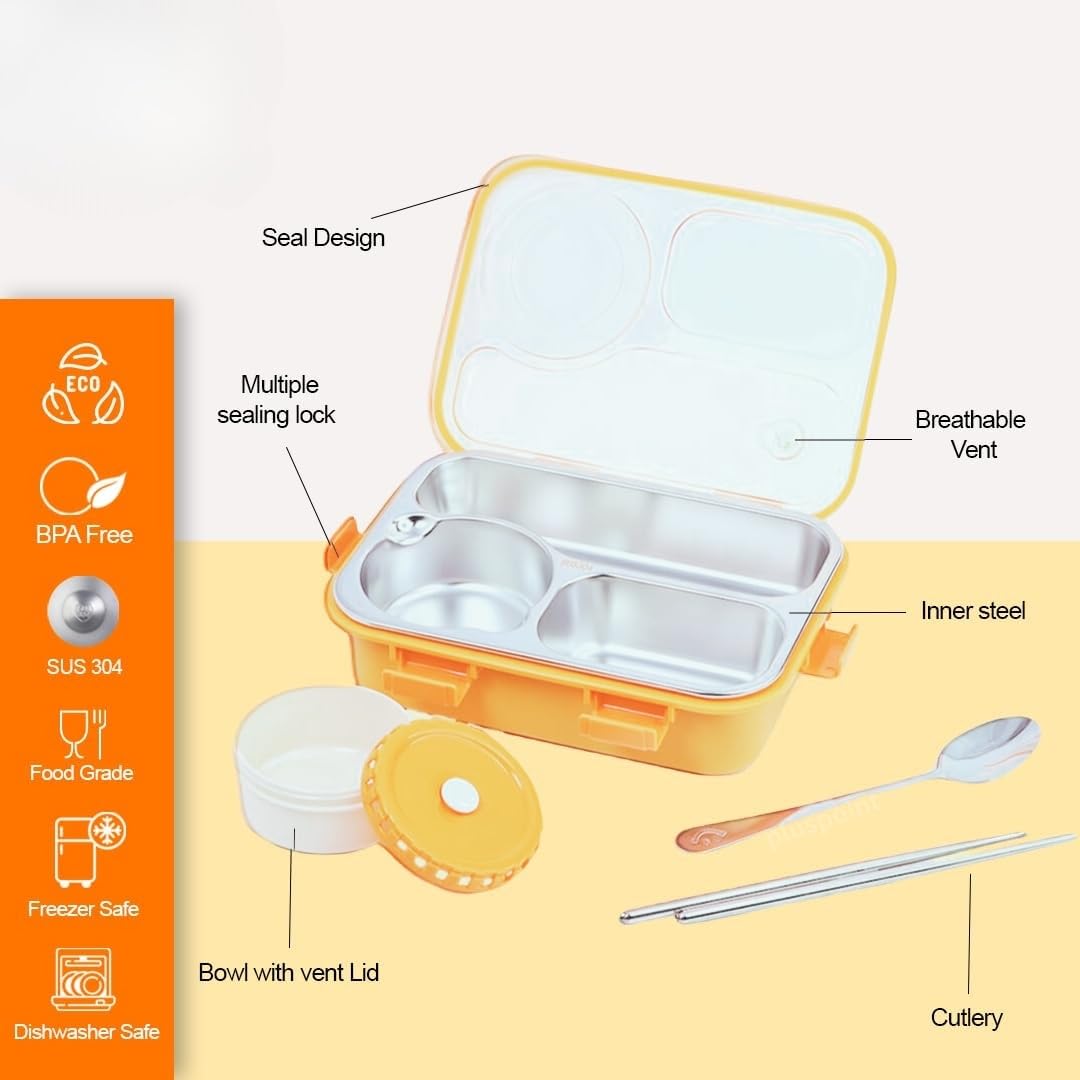 PLUSPOINT Bento Lunch Box Insulated Air Tight Portable Lunch Box with Utensils, Stainless Steel Lunch Box with Containers, Leak Proof Bento Box for Kids, Adults, Men Women (Pink)