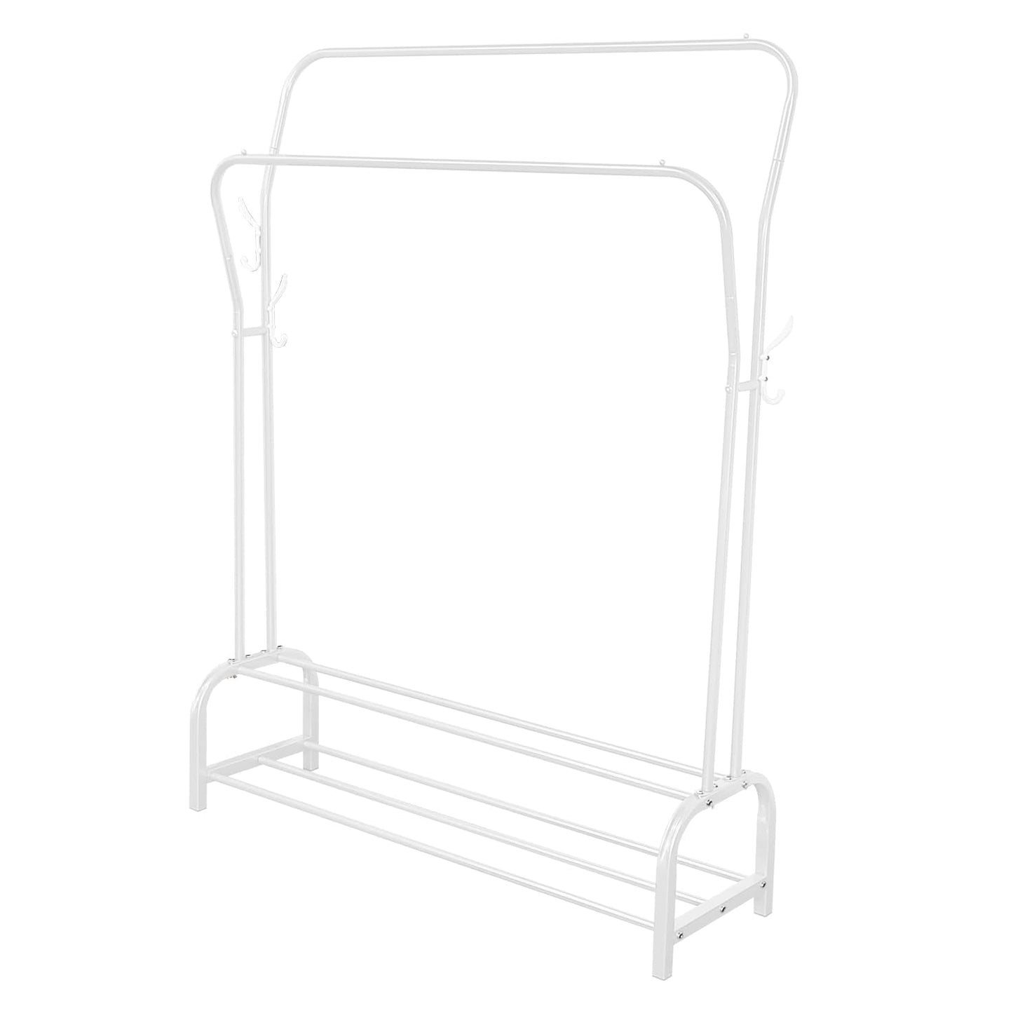 Lukzer Single Pole Coat Hanger Stand with Bottom Shelves–Heavy-Duty Metal Garment Rack, 4 Hooks for Clothes,Bags,Shoe–Freestanding Organizer for Bedroom, Entryway & more(White, 40x110x148cm/MGS-001)