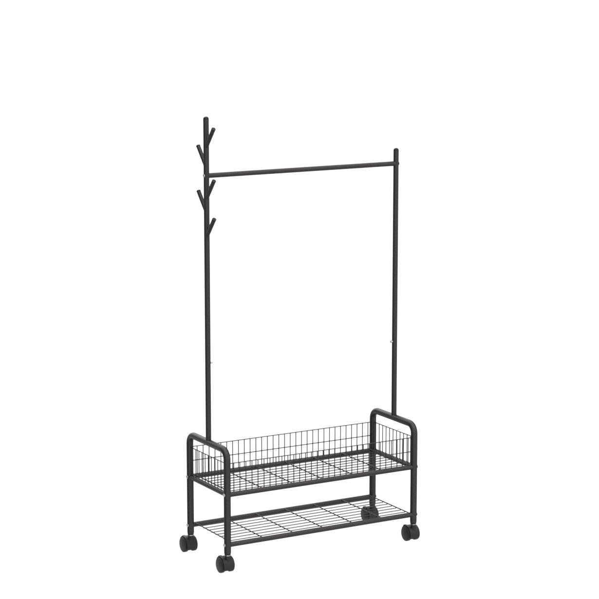 Lukzer MGR-002 2-Bottom Cloth Stand & Garment Rack – Metal Clothes Organizer with Wheels | Space-Saving Storage for Bedroom, Bathroom & Office | Single Rod & Mesh Design (173 x 90 x 34 cm, White)