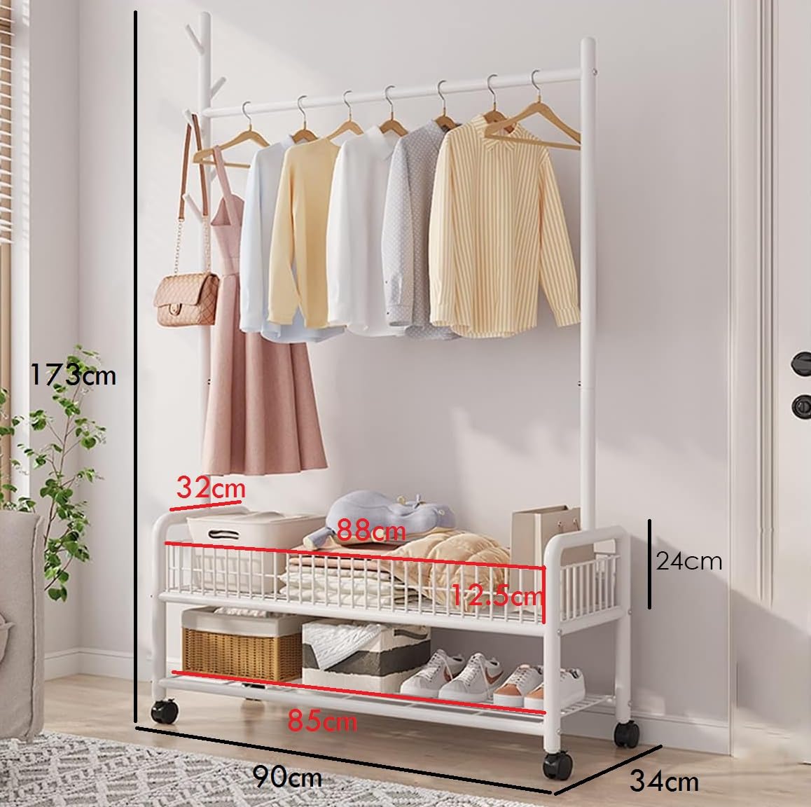 Lukzer MGR-002 2-Bottom Cloth Stand & Garment Rack – Metal Clothes Organizer with Wheels | Space-Saving Storage for Bedroom, Bathroom & Office | Single Rod & Mesh Design (173 x 90 x 34 cm, White)
