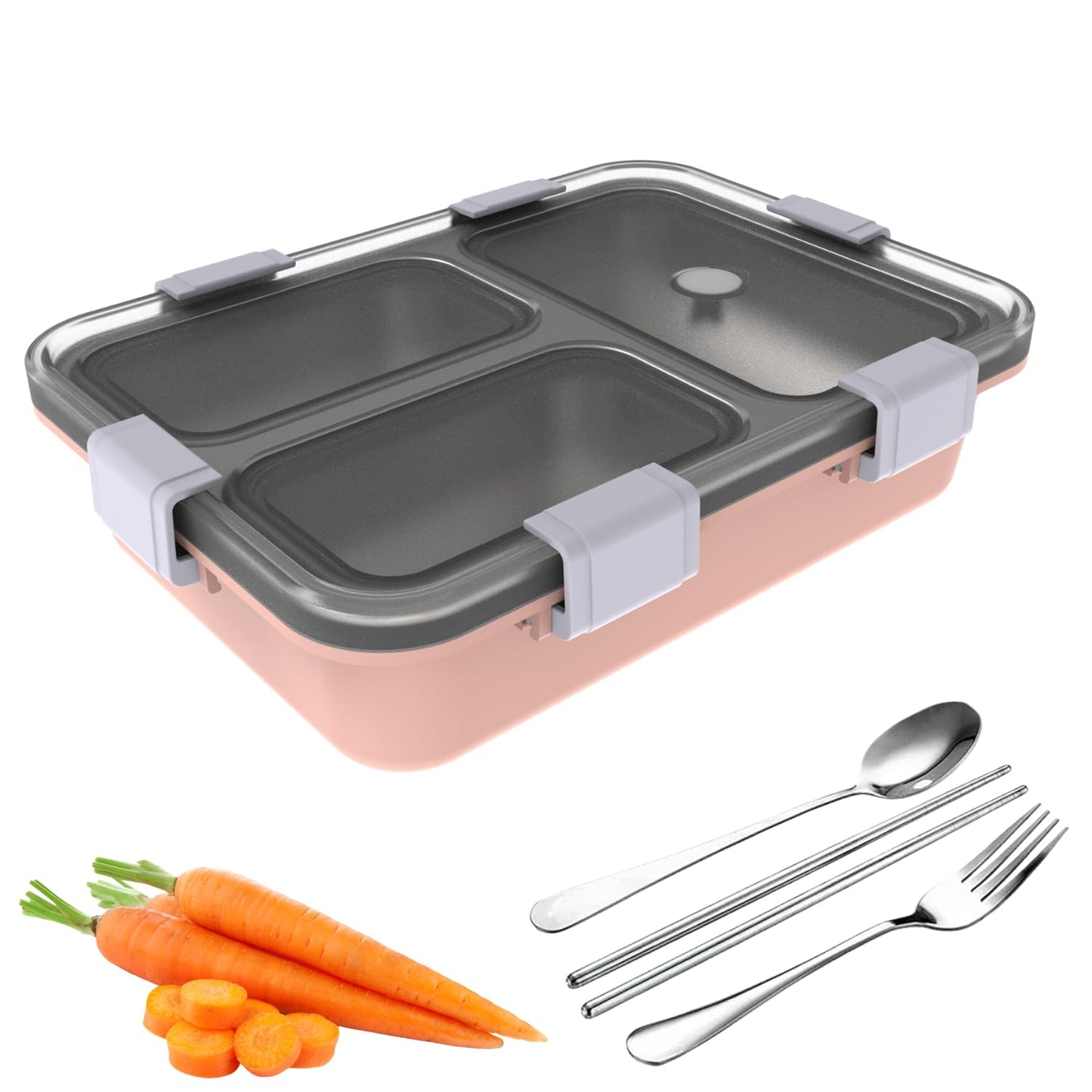 BUHON Lunch Box for Adults - Lunch Box for Kids - with Spoon,Fork & Chopsticks - Stainless Steel Lunch Box with 3 Compartment - Durable Perfect Size for On-The-Go Meal, BPA-Free 800 ml (Pink)