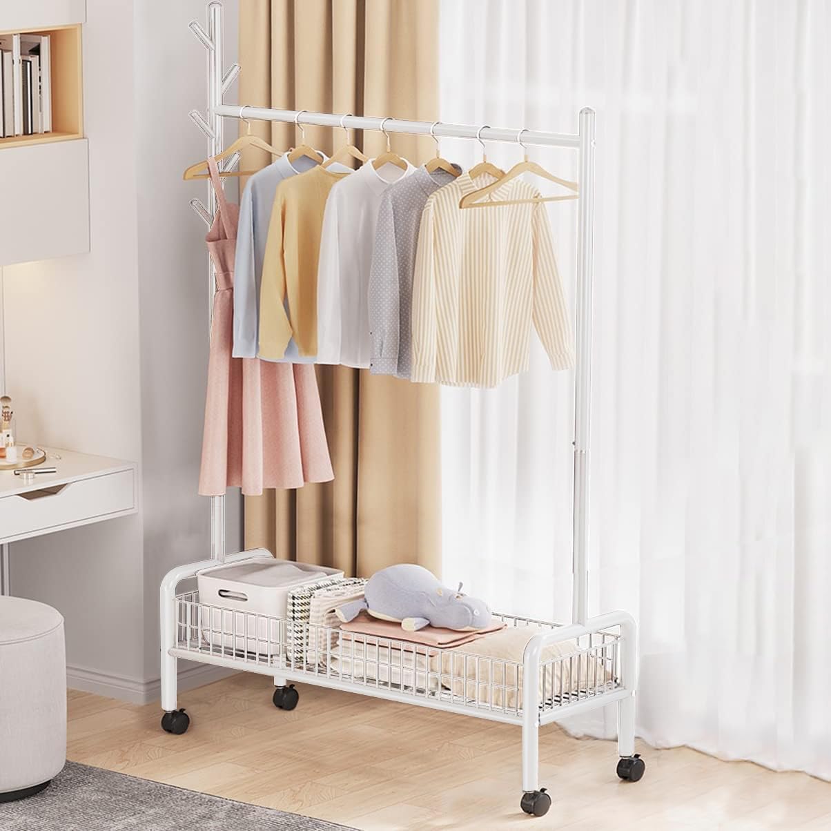 Lukzer MGR-002 2-Bottom Cloth Stand & Garment Rack – Metal Clothes Organizer with Wheels | Space-Saving Storage for Bedroom, Bathroom & Office | Single Rod & Mesh Design (173 x 90 x 34 cm, White)