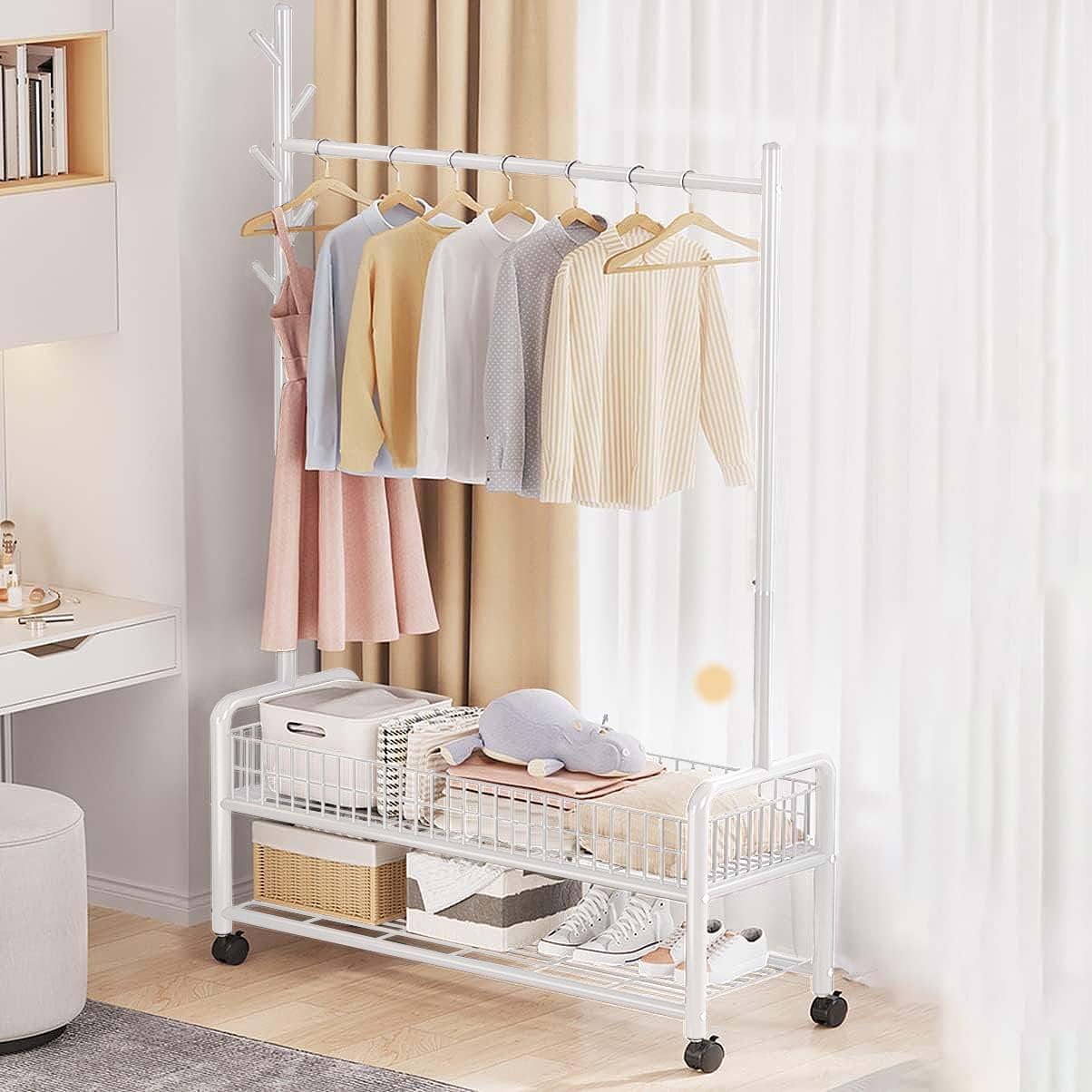 Lukzer MGR-002 2-Bottom Cloth Stand & Garment Rack – Metal Clothes Organizer with Wheels | Space-Saving Storage for Bedroom, Bathroom & Office | Single Rod & Mesh Design (173 x 90 x 34 cm, White)