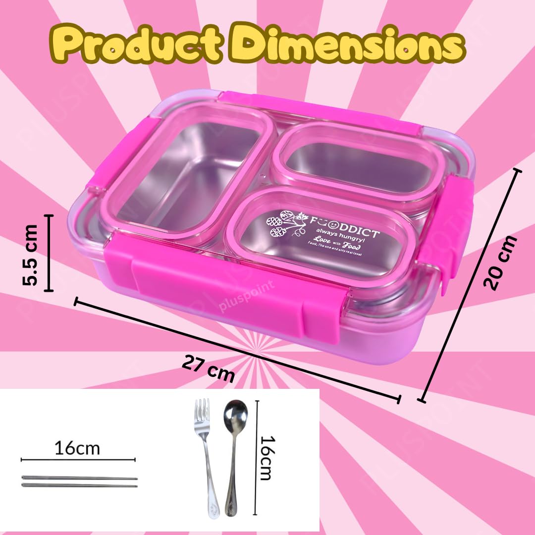 PLUSPOINT Bento Lunch Box Insulated Air Tight Portable Lunch Box with Utensils, Stainless Steel Lunch Box with Containers, Leak Proof Bento Box for Kids, Adults, Men Women (Pink)