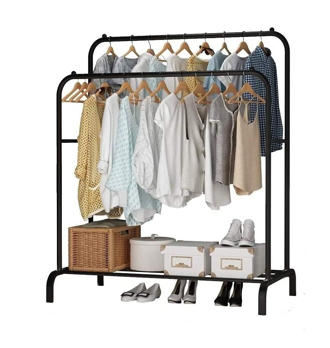 Lukzer Single Pole Coat Hanger Stand with Bottom Shelves–Heavy-Duty Metal Garment Rack, 4 Hooks for Clothes,Bags,Shoe–Freestanding Organizer for Bedroom, Entryway & more(White, 40x110x148cm/MGS-001)