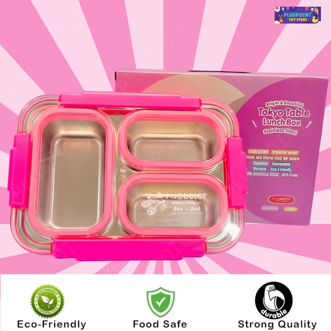 PLUSPOINT Bento Lunch Box Insulated Air Tight Portable Lunch Box with Utensils, Stainless Steel Lunch Box with Containers, Leak Proof Bento Box for Kids, Adults, Men Women (Pink)