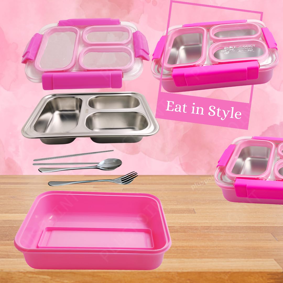 PLUSPOINT Bento Lunch Box Insulated Air Tight Portable Lunch Box with Utensils, Stainless Steel Lunch Box with Containers, Leak Proof Bento Box for Kids, Adults, Men Women (Pink)
