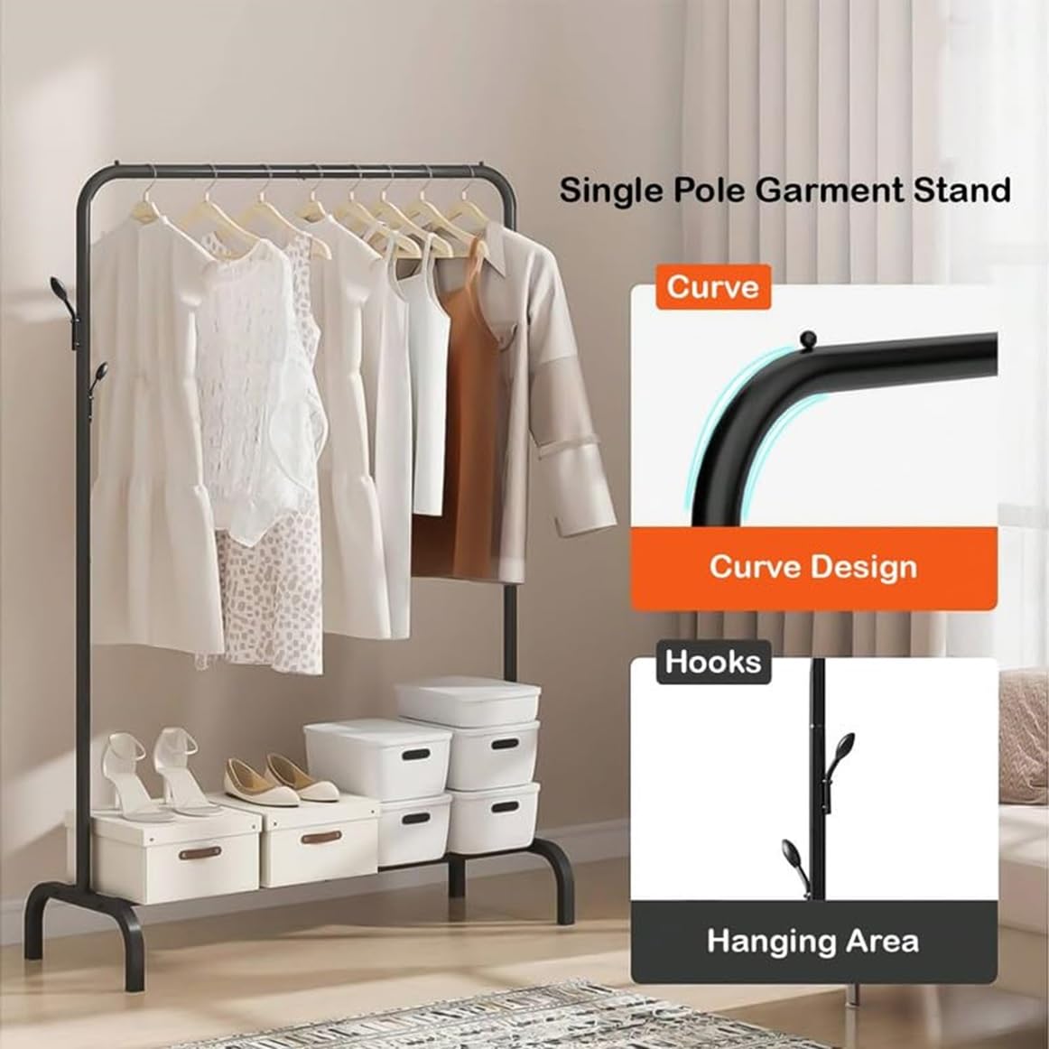 Lukzer Single Pole Coat Hanger Stand with Bottom Shelves–Heavy-Duty Metal Garment Rack, 4 Hooks for Clothes,Bags,Shoe–Freestanding Organizer for Bedroom, Entryway & more(White, 40x110x148cm/MGS-001)