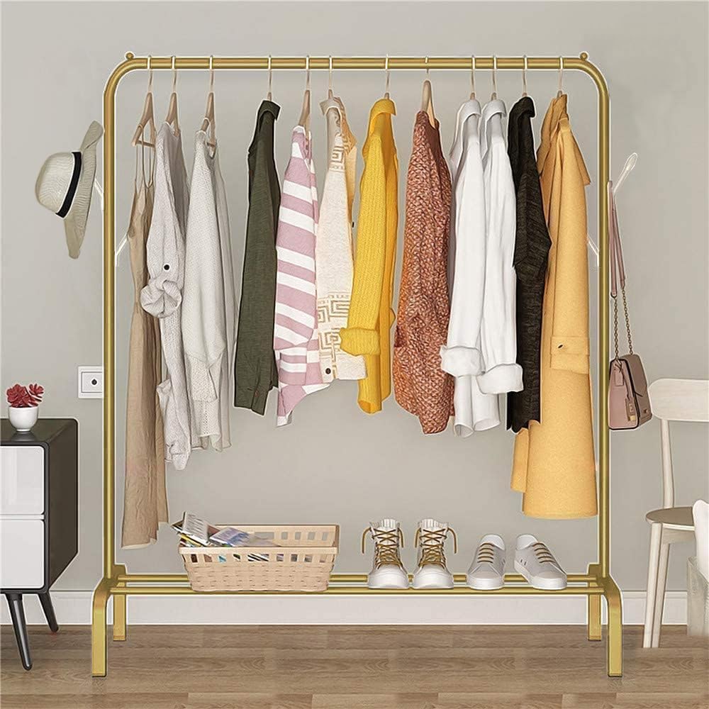 Lukzer Single Pole Coat Hanger Stand with Bottom Shelves–Heavy-Duty Metal Garment Rack, 4 Hooks for Clothes,Bags,Shoe–Freestanding Organizer for Bedroom, Entryway & more(White, 40x110x148cm/MGS-001)