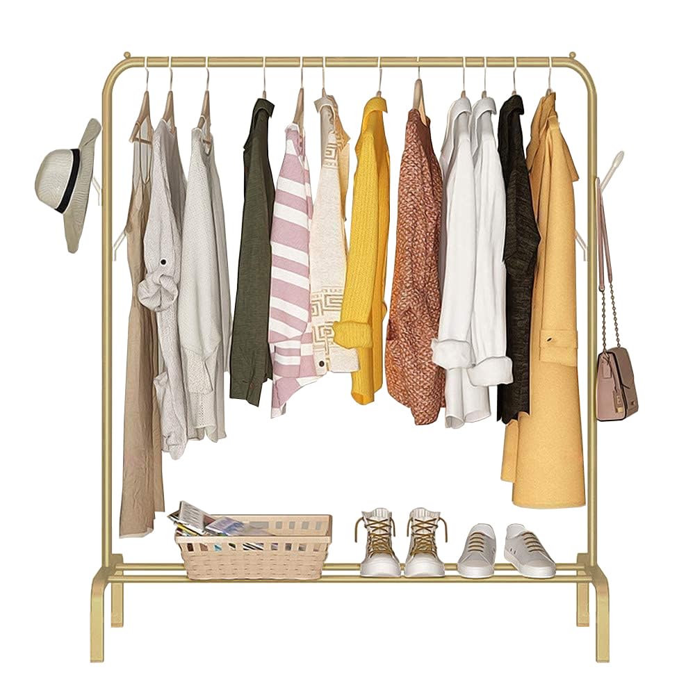Lukzer Single Pole Coat Hanger Stand with Bottom Shelves–Heavy-Duty Metal Garment Rack, 4 Hooks for Clothes,Bags,Shoe–Freestanding Organizer for Bedroom, Entryway & more(White, 40x110x148cm/MGS-001)