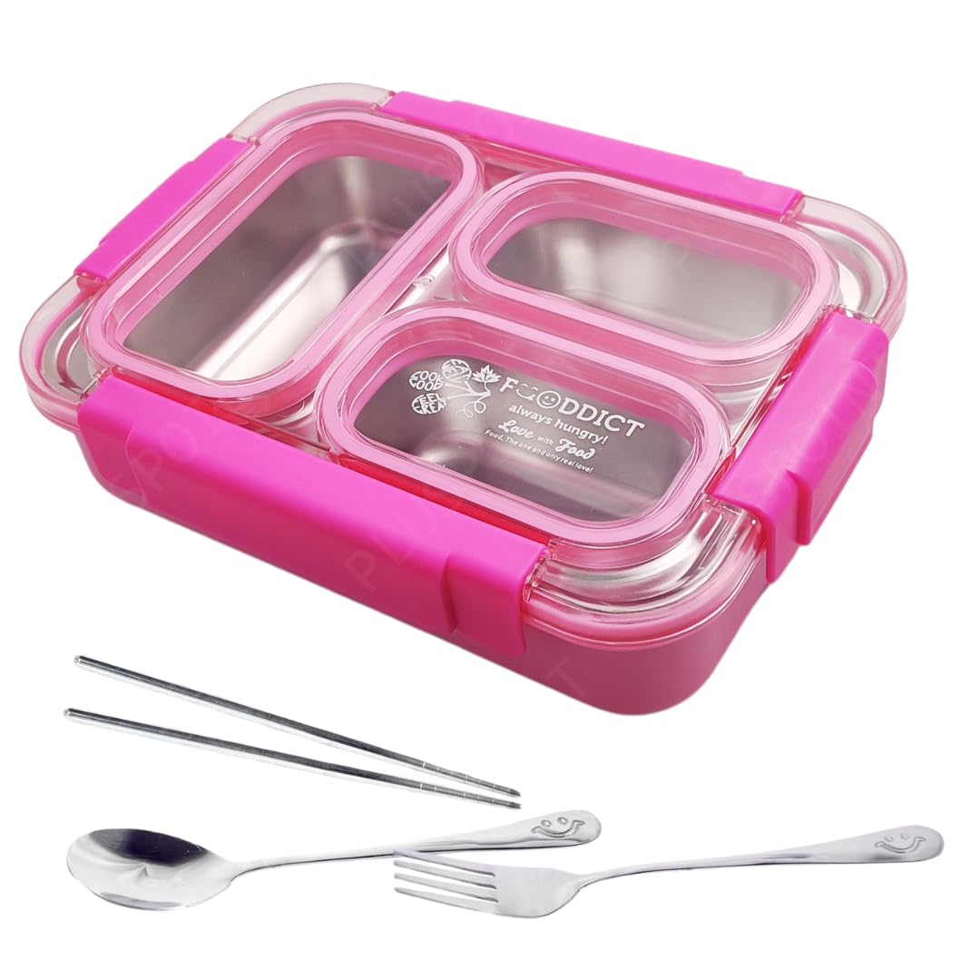 PLUSPOINT Bento Lunch Box Insulated Air Tight Portable Lunch Box with Utensils, Stainless Steel Lunch Box with Containers, Leak Proof Bento Box for Kids, Adults, Men Women (Pink)