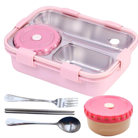 PLUSPOINT Bento Lunch Box Insulated Air Tight Portable Lunch Box with Utensils, Stainless Steel Lunch Box with Containers, Leak Proof Bento Box for Kids, Adults, Men Women (Pink)