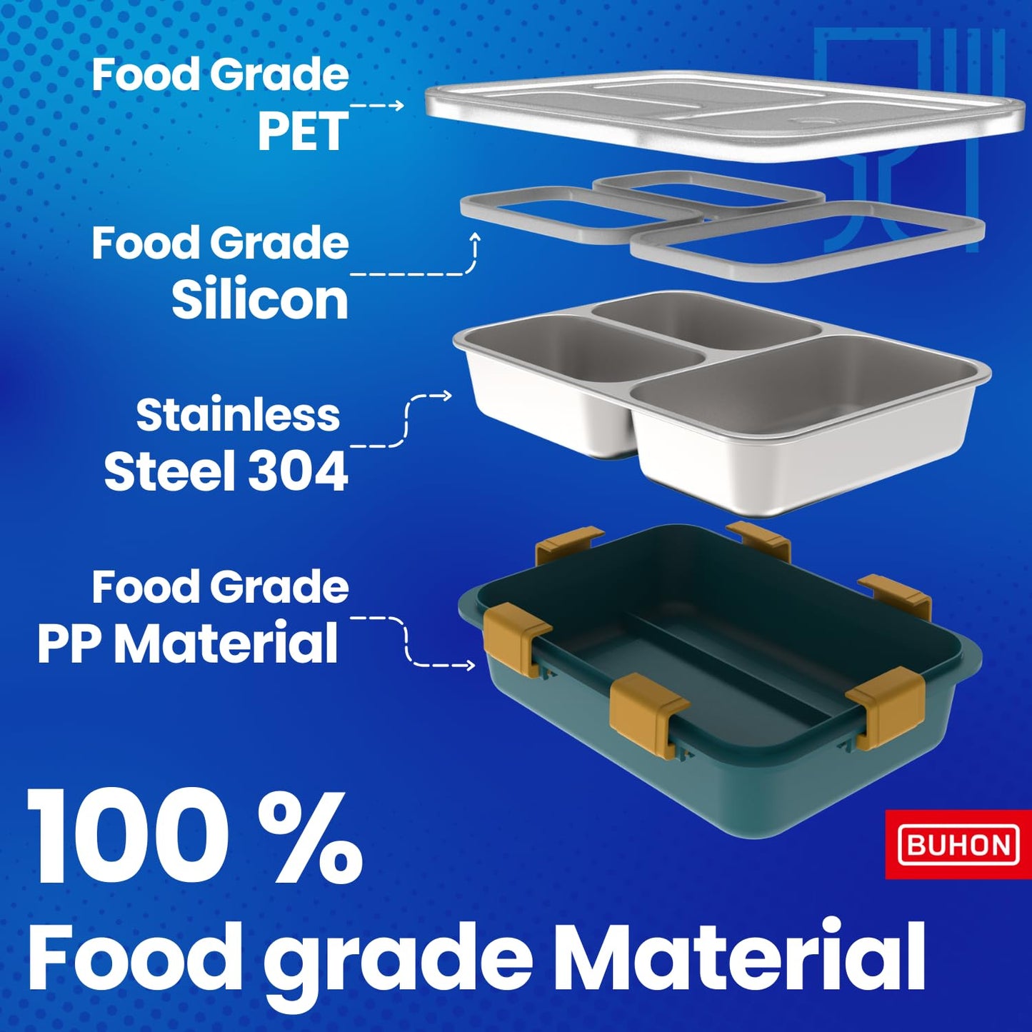 BUHON Lunch Box for Adults - Lunch Box for Kids - with Spoon,Fork & Chopsticks - Stainless Steel Lunch Box with 3 Compartment - Durable Perfect Size for On-The-Go Meal, BPA-Free 800 ml (Pink)