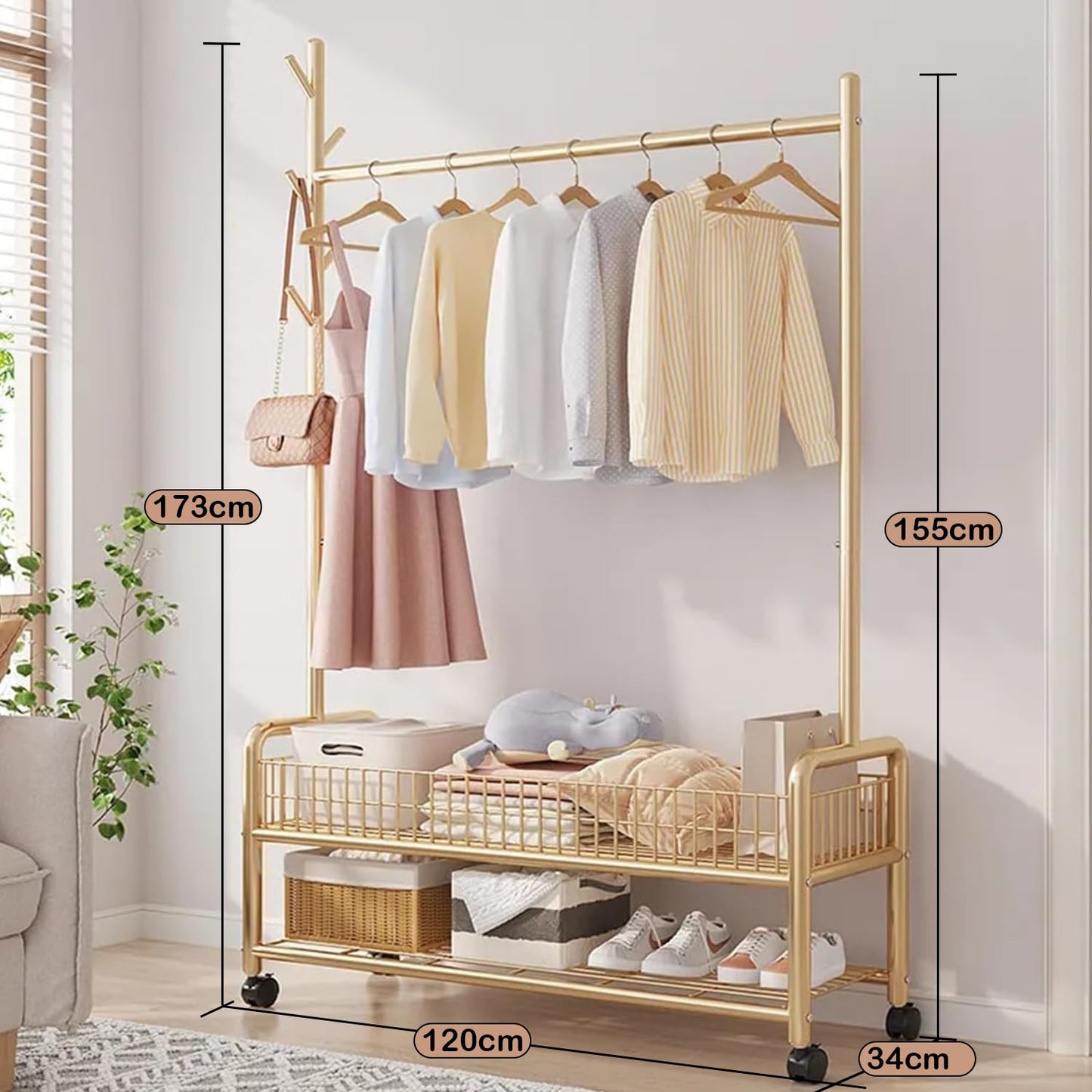 Lukzer MGR-002 2-Bottom Cloth Stand & Garment Rack – Metal Clothes Organizer with Wheels | Space-Saving Storage for Bedroom, Bathroom & Office | Single Rod & Mesh Design (173 x 90 x 34 cm, White)