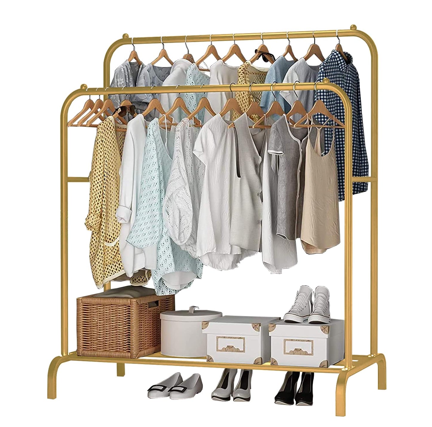 Lukzer Single Pole Coat Hanger Stand with Bottom Shelves–Heavy-Duty Metal Garment Rack, 4 Hooks for Clothes,Bags,Shoe–Freestanding Organizer for Bedroom, Entryway & more(White, 40x110x148cm/MGS-001)