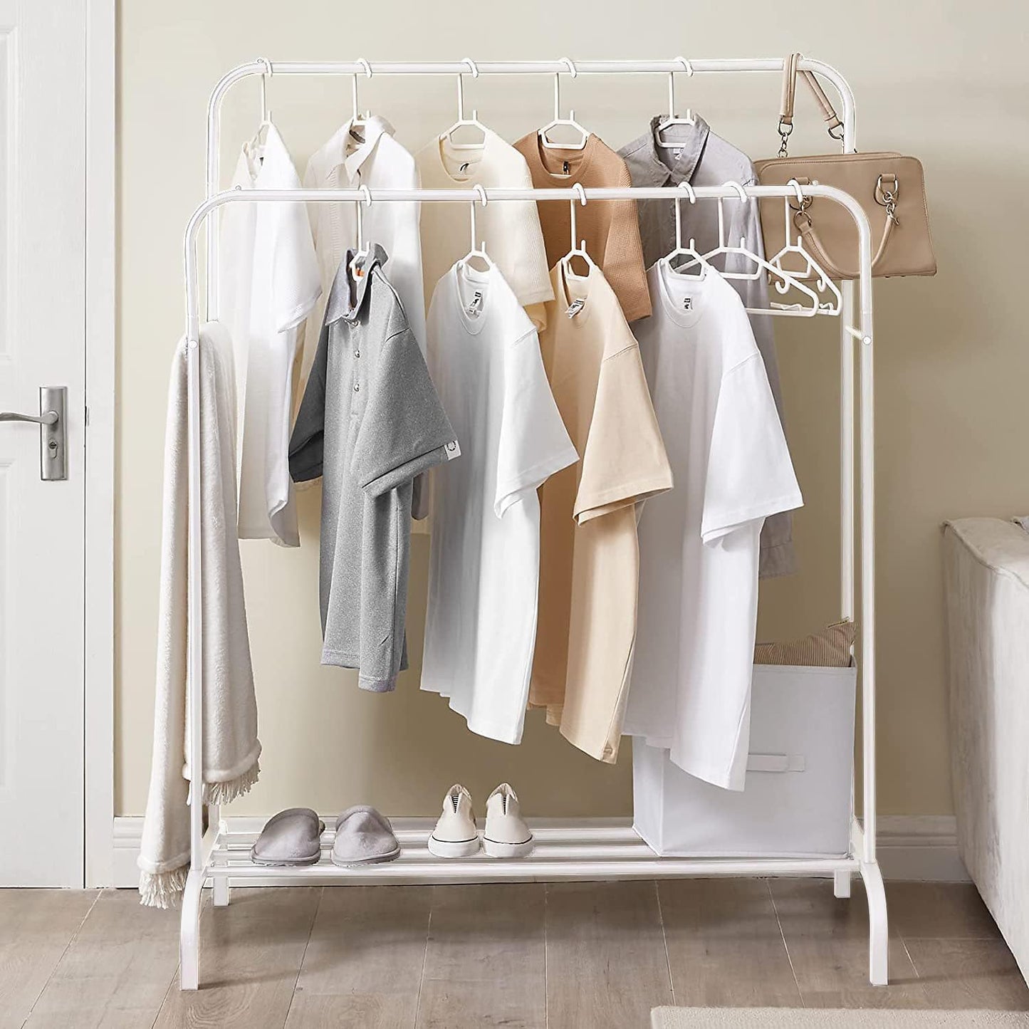 Lukzer Single Pole Coat Hanger Stand with Bottom Shelves–Heavy-Duty Metal Garment Rack, 4 Hooks for Clothes,Bags,Shoe–Freestanding Organizer for Bedroom, Entryway & more(White, 40x110x148cm/MGS-001)