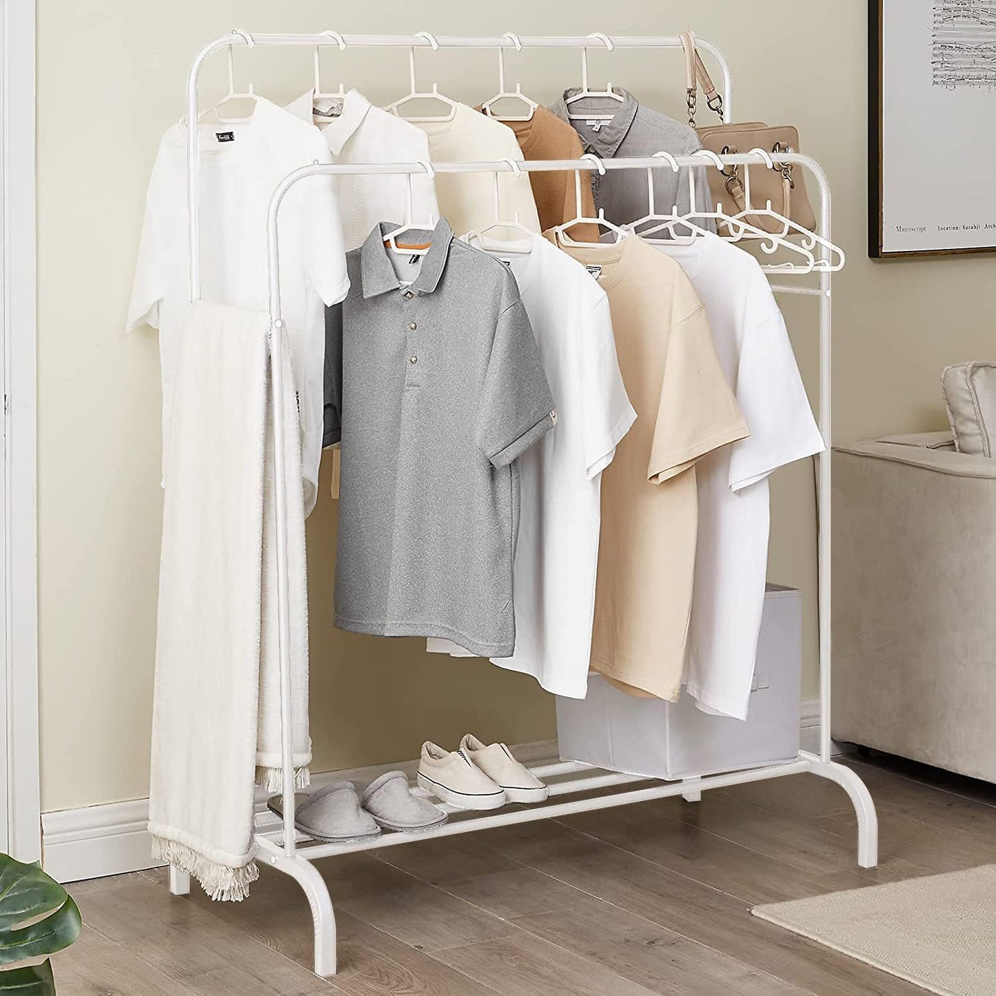 Lukzer Single Pole Coat Hanger Stand with Bottom Shelves–Heavy-Duty Metal Garment Rack, 4 Hooks for Clothes,Bags,Shoe–Freestanding Organizer for Bedroom, Entryway & more(White, 40x110x148cm/MGS-001)