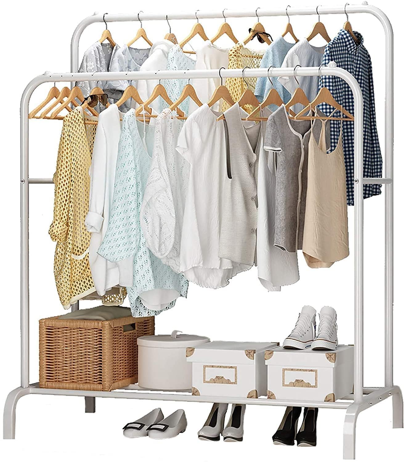 Lukzer Single Pole Coat Hanger Stand with Bottom Shelves–Heavy-Duty Metal Garment Rack, 4 Hooks for Clothes,Bags,Shoe–Freestanding Organizer for Bedroom, Entryway & more(White, 40x110x148cm/MGS-001)