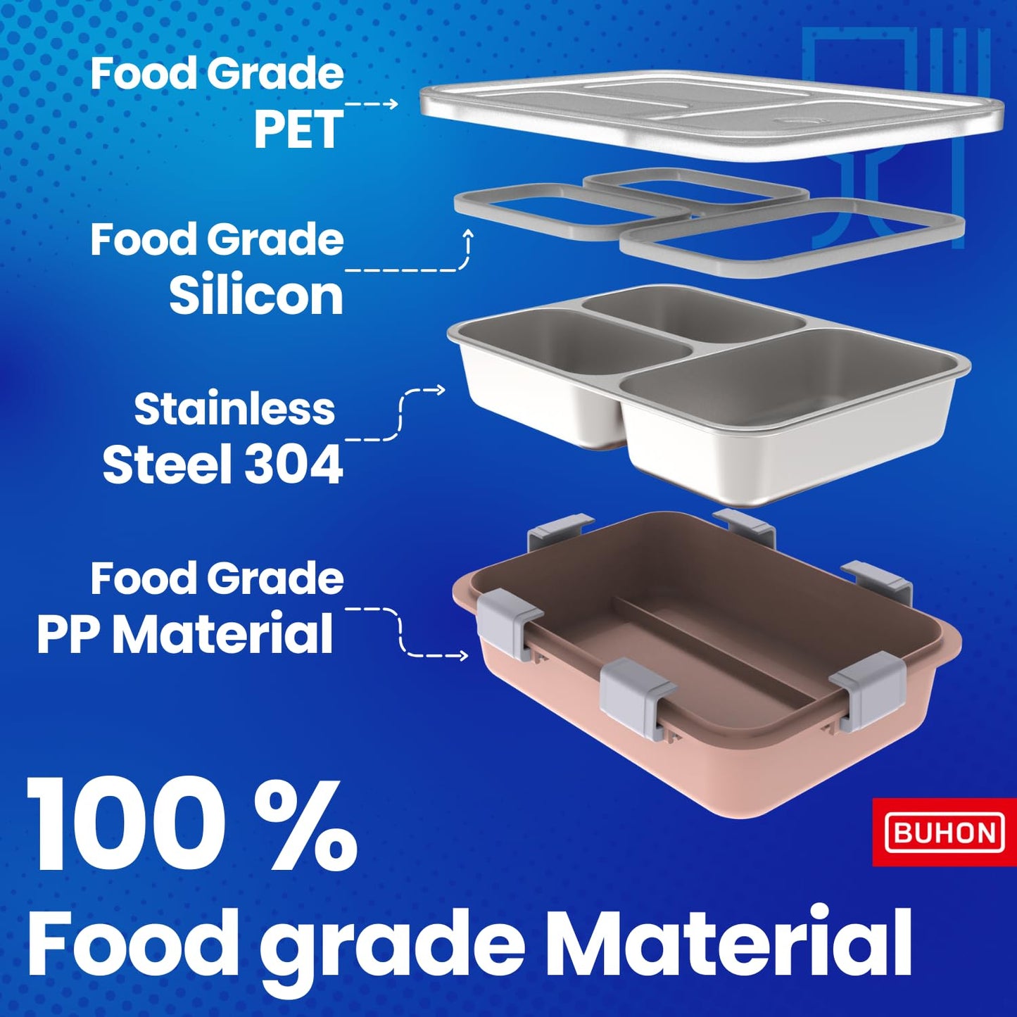 BUHON Lunch Box for Adults - Lunch Box for Kids - with Spoon,Fork & Chopsticks - Stainless Steel Lunch Box with 3 Compartment - Durable Perfect Size for On-The-Go Meal, BPA-Free 800 ml (Pink)