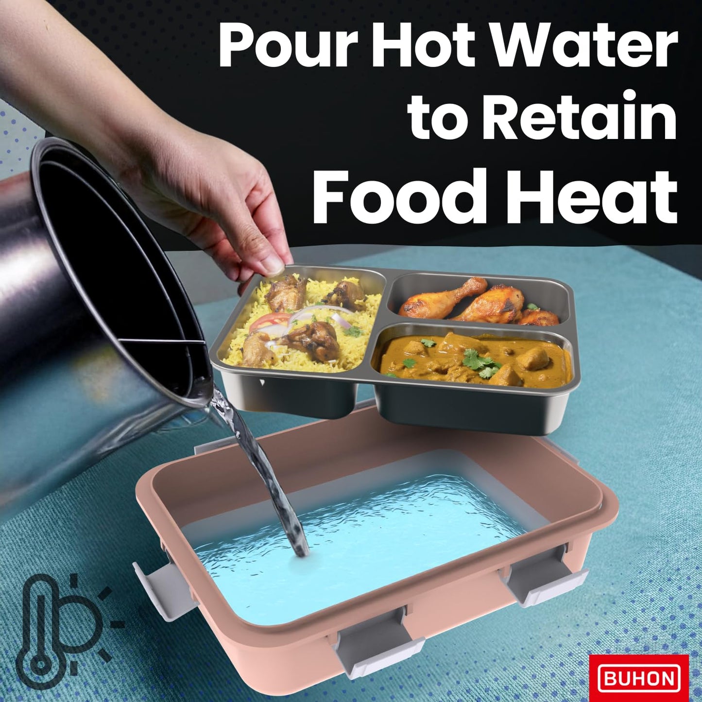 BUHON Lunch Box for Adults - Lunch Box for Kids - with Spoon,Fork & Chopsticks - Stainless Steel Lunch Box with 3 Compartment - Durable Perfect Size for On-The-Go Meal, BPA-Free 800 ml (Pink)