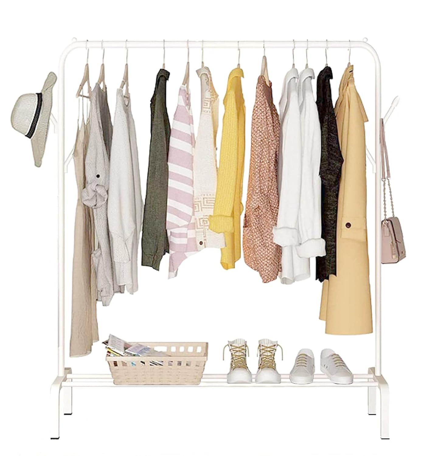 Lukzer Single Pole Coat Hanger Stand with Bottom Shelves–Heavy-Duty Metal Garment Rack, 4 Hooks for Clothes,Bags,Shoe–Freestanding Organizer for Bedroom, Entryway & more(White, 40x110x148cm/MGS-001)