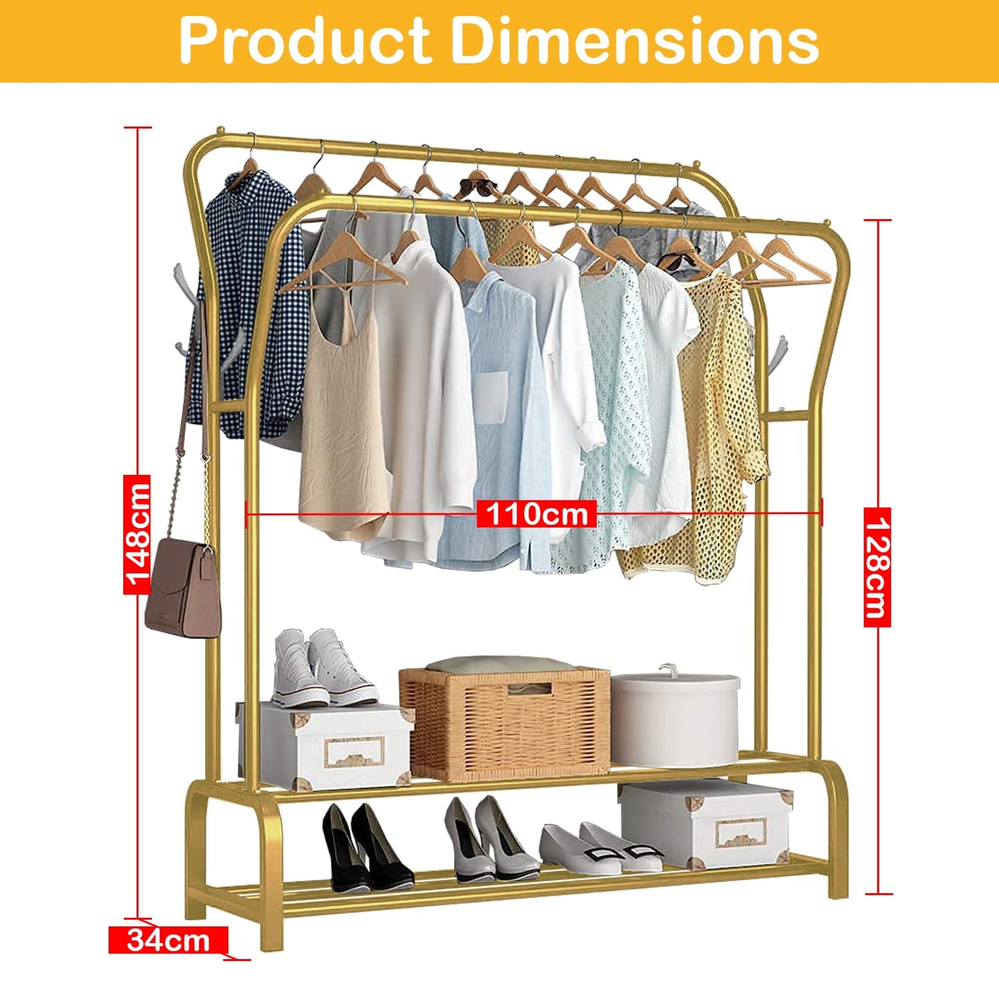 Lukzer Single Pole Coat Hanger Stand with Bottom Shelves–Heavy-Duty Metal Garment Rack, 4 Hooks for Clothes,Bags,Shoe–Freestanding Organizer for Bedroom, Entryway & more(White, 40x110x148cm/MGS-001)