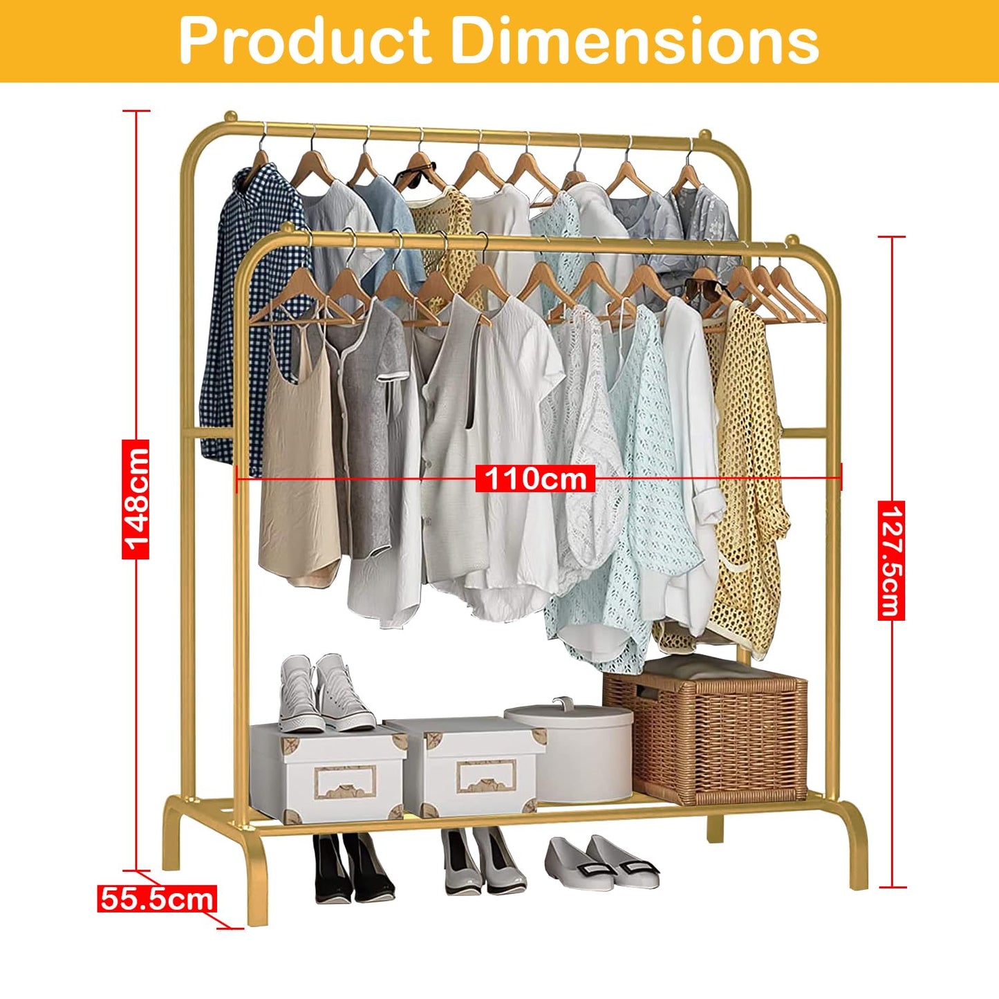 Lukzer Single Pole Coat Hanger Stand with Bottom Shelves–Heavy-Duty Metal Garment Rack, 4 Hooks for Clothes,Bags,Shoe–Freestanding Organizer for Bedroom, Entryway & more(White, 40x110x148cm/MGS-001)