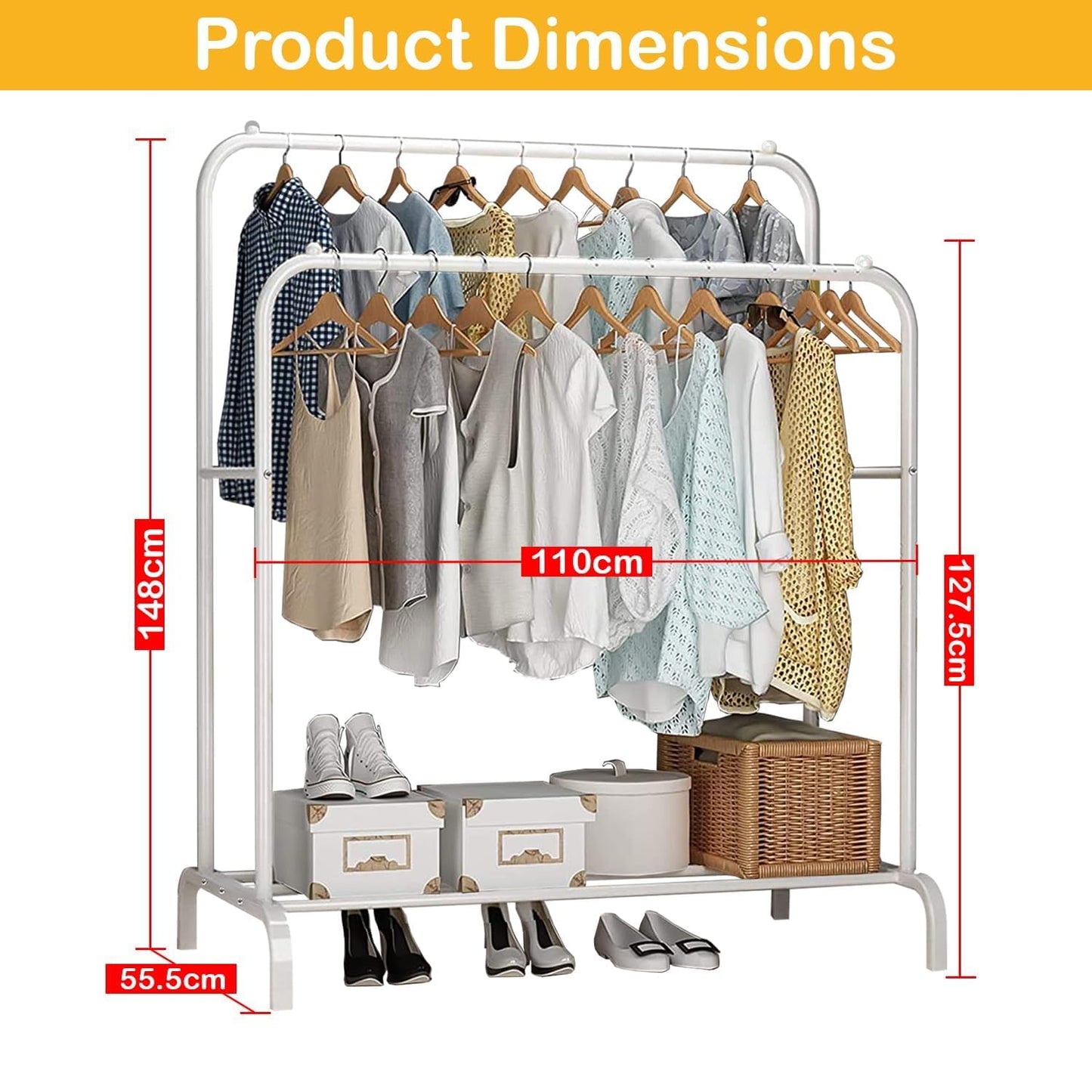 Lukzer Single Pole Coat Hanger Stand with Bottom Shelves–Heavy-Duty Metal Garment Rack, 4 Hooks for Clothes,Bags,Shoe–Freestanding Organizer for Bedroom, Entryway & more(White, 40x110x148cm/MGS-001)