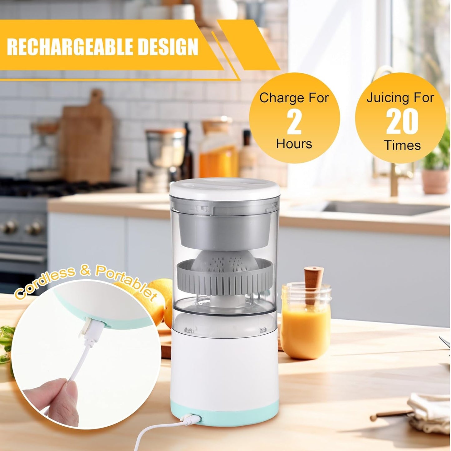 Electric Citrus Juicer – Wireless Mini Portable Rechargeable Fruit Squeezer | Compact Electric Juicer for Orange, Lemon & Lime Juice | Portable for Travel & Home Use (Multicolour)