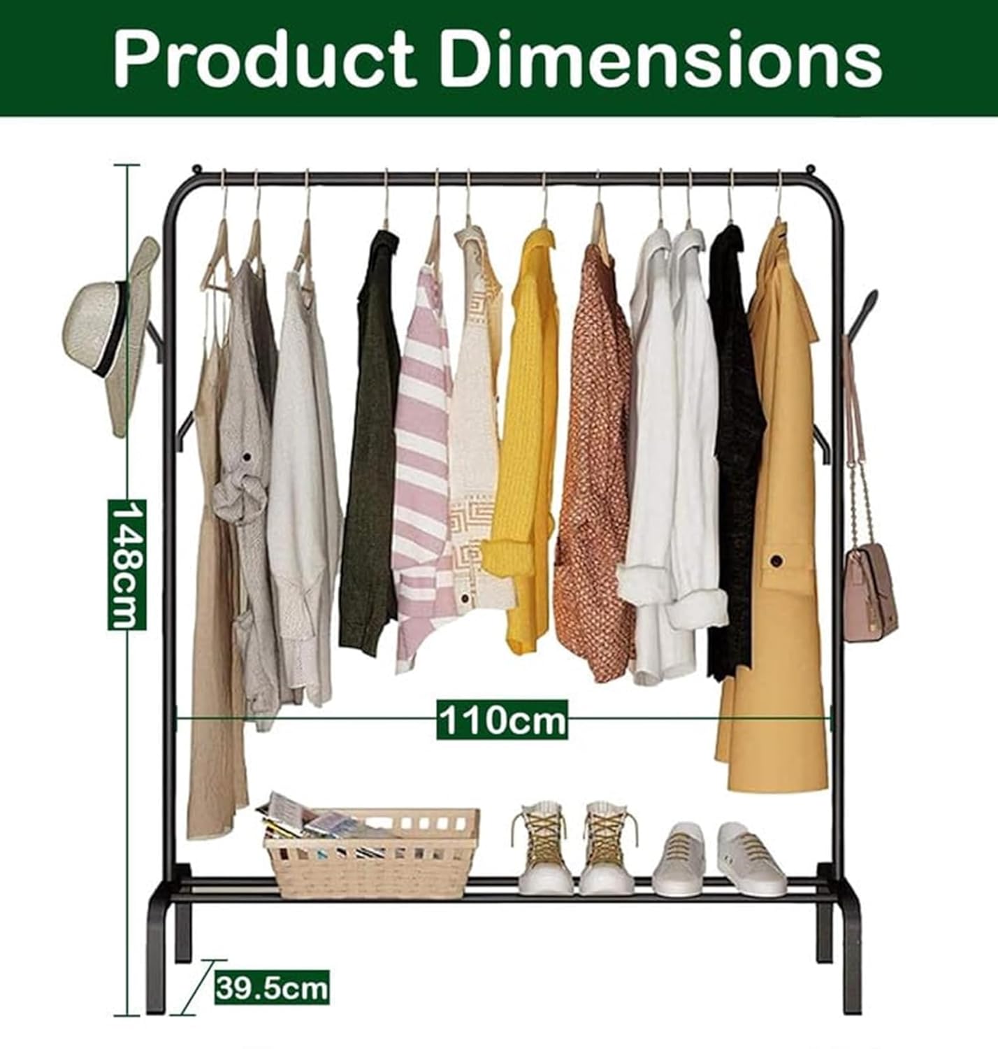 Lukzer Single Pole Coat Hanger Stand with Bottom Shelves–Heavy-Duty Metal Garment Rack, 4 Hooks for Clothes,Bags,Shoe–Freestanding Organizer for Bedroom, Entryway & more(White, 40x110x148cm/MGS-001)