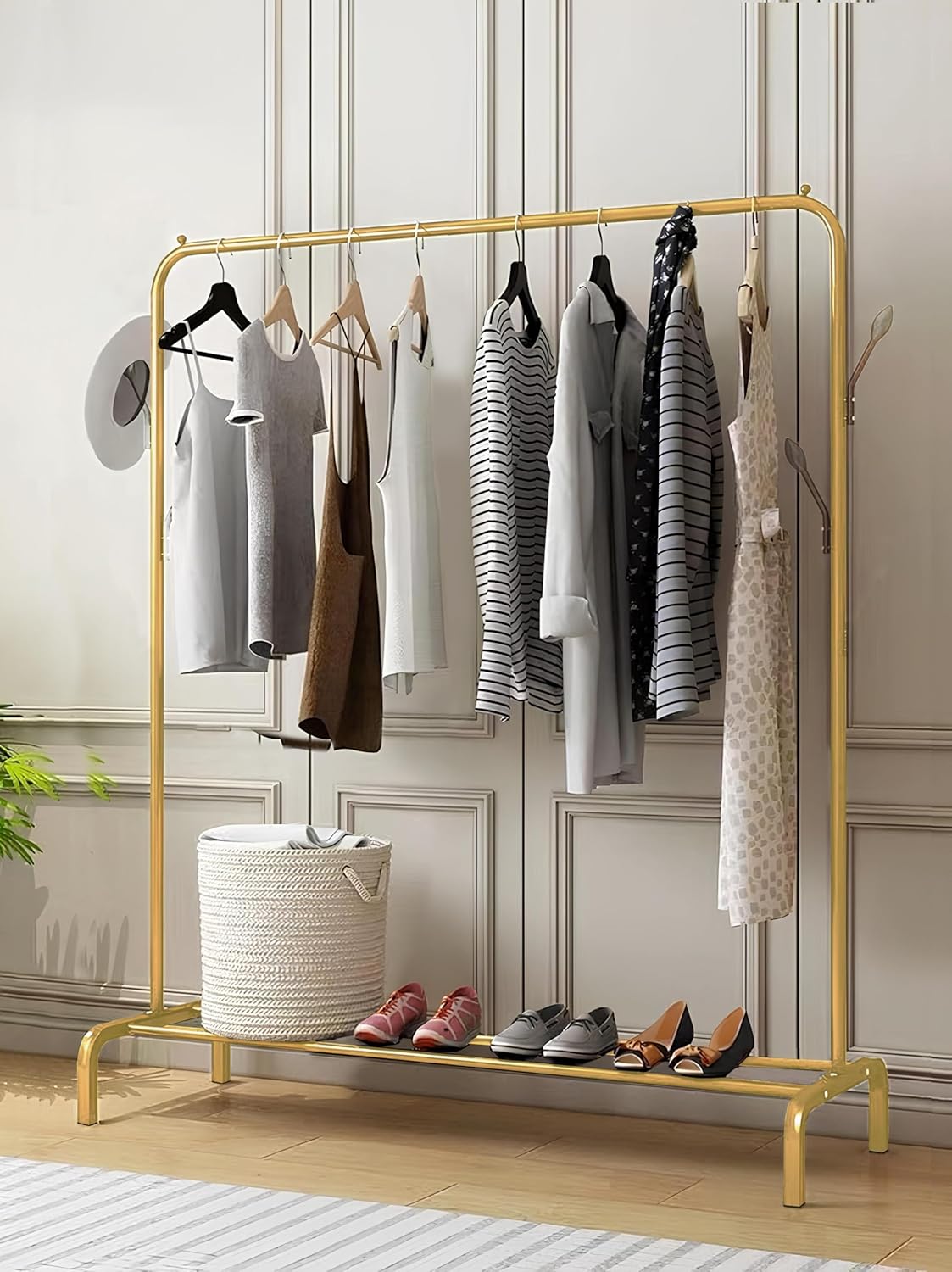 Lukzer Single Pole Coat Hanger Stand with Bottom Shelves–Heavy-Duty Metal Garment Rack, 4 Hooks for Clothes,Bags,Shoe–Freestanding Organizer for Bedroom, Entryway & more(White, 40x110x148cm/MGS-001)