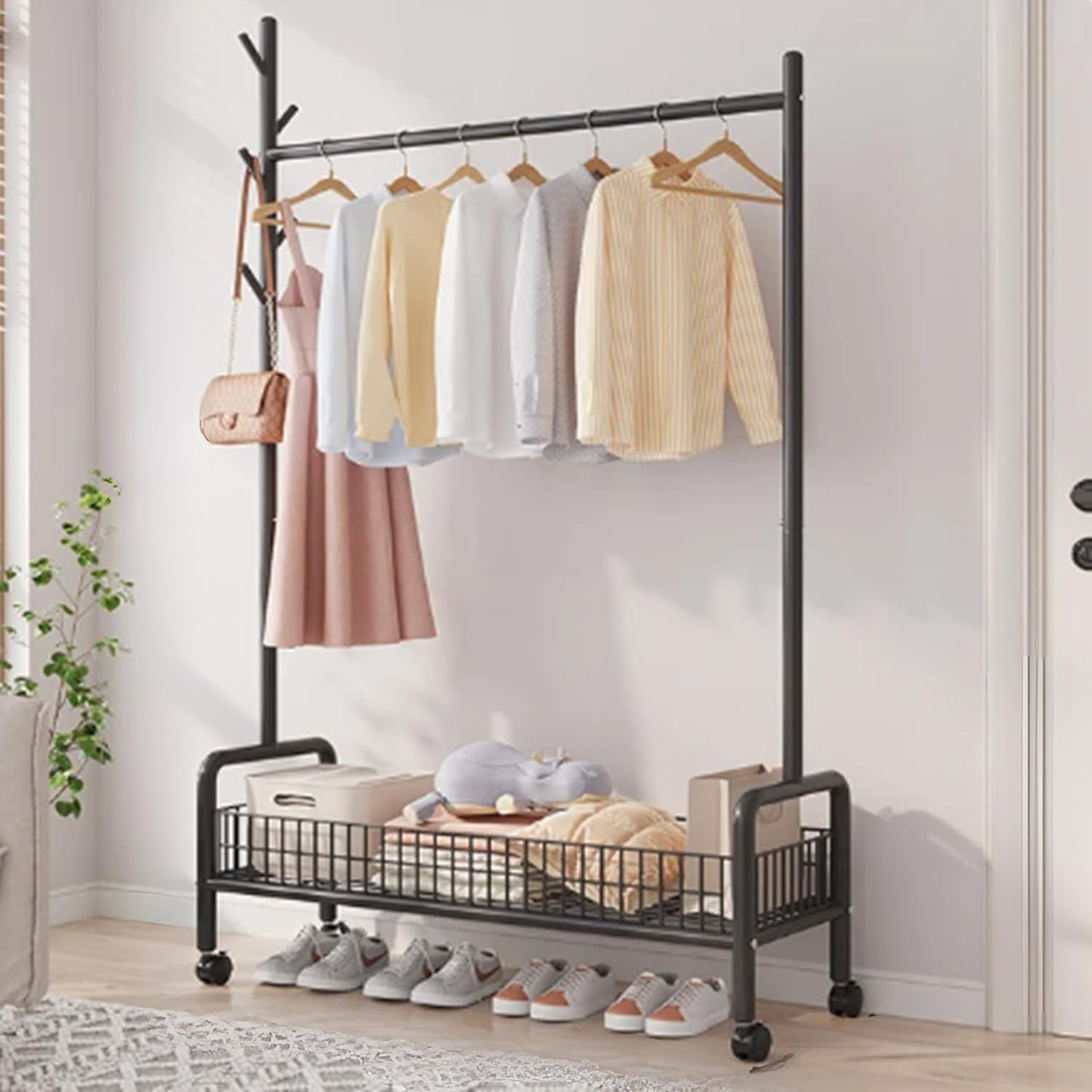 Lukzer MGR-002 2-Bottom Cloth Stand & Garment Rack – Metal Clothes Organizer with Wheels | Space-Saving Storage for Bedroom, Bathroom & Office | Single Rod & Mesh Design (173 x 90 x 34 cm, White)