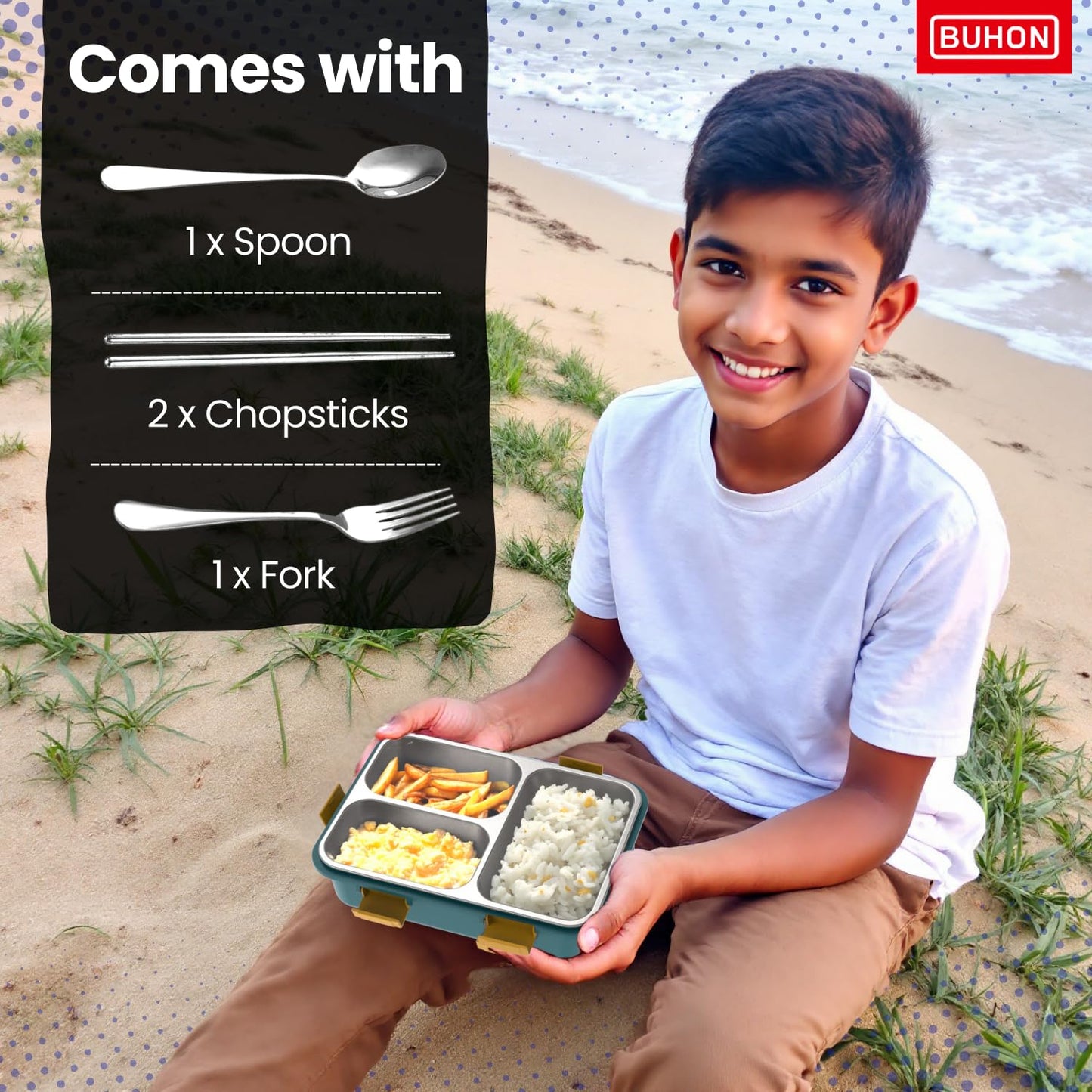 BUHON Lunch Box for Adults - Lunch Box for Kids - with Spoon,Fork & Chopsticks - Stainless Steel Lunch Box with 3 Compartment - Durable Perfect Size for On-The-Go Meal, BPA-Free 800 ml (Pink)